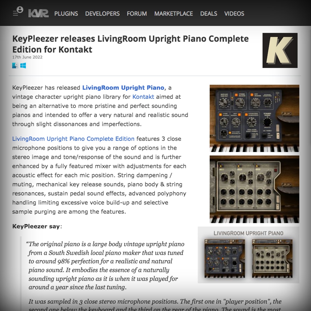 Read news article about LivingRoom Upright Piano on KVR Audio News
