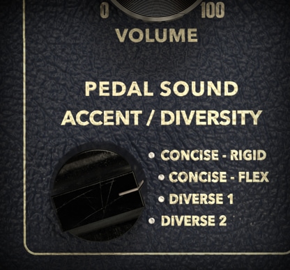LivingRoom Upright Piano feature - Pedal Accent & Diversity - Enhances the pedal sound volume and nuance variation through algorithmic audio sample randomization that responds to your playing style