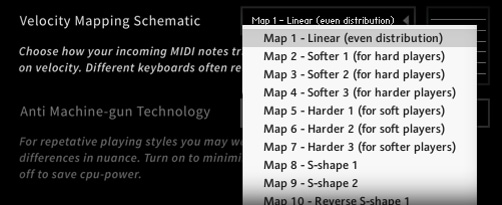 LivingRoom Upright Piano feature - Custom Velocity MIDI mapping setting - use the midi response mapping that works best with your own midi piano keyboard