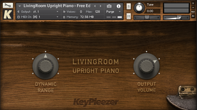 The LivingRoom Upright Piano Free Edition user interface in Kontakt sampler. A Free virtual upright piano sound-ware for pc and mac. Supported samplers are Kontakt sampler and EXS24 / Sampler in Logic Pro X, GarageBand and MainStage Apple applications.